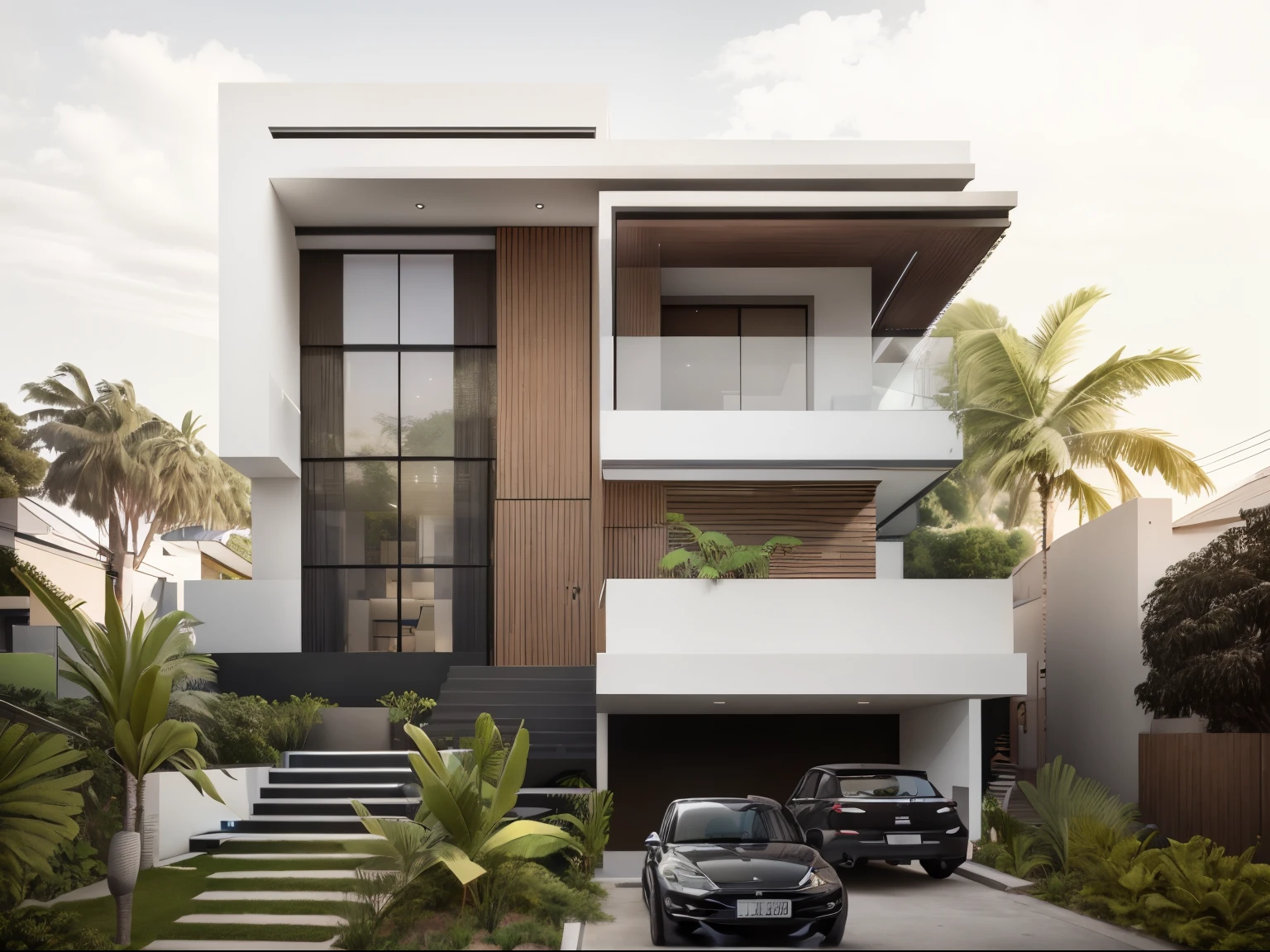 A depiction of a modern house with a car parked in front of it, estilo moderno, casa moderna, arquitetura de luxo, design exterior, ultra moderno, arquitetura realista, design moderno, casa contemporanea, overall architectural design, large modern residence, design de arquitetura moderna, beautiful rendering, Villa Interdimensional, casa rica, precise architectural rendering, neotradicional moderno, Casa Conceito, arquitetura moderna