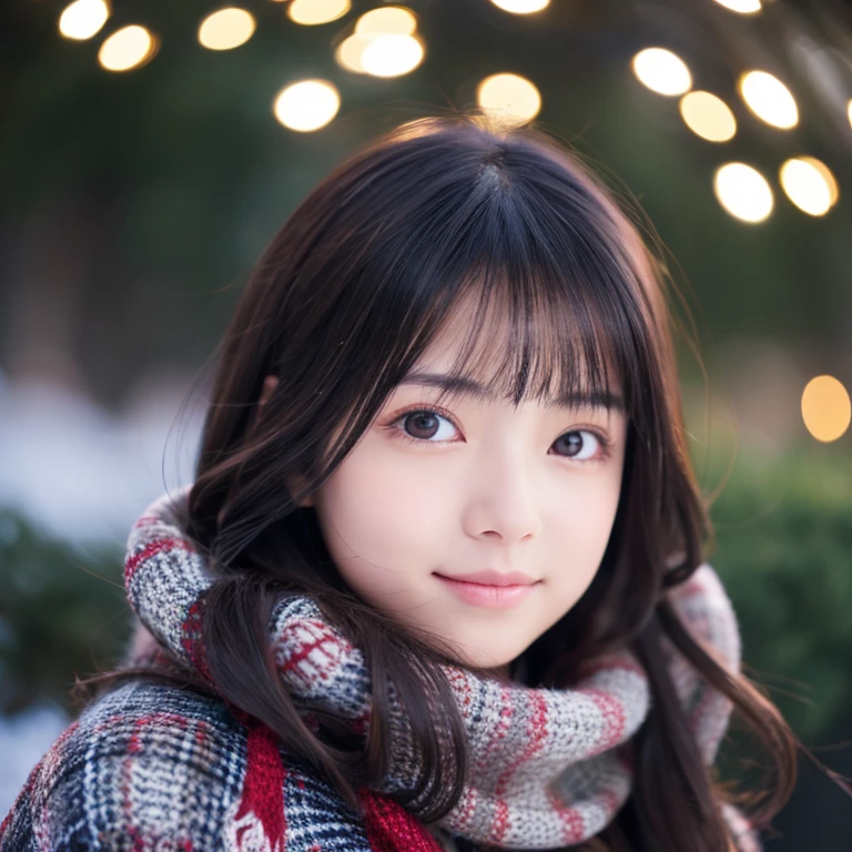 An ultra-high picture quality、Perfect Photo、japanes、japanese beauty girl、14years、((((profile))))、(((closing eye)))、Slender eyes、Winter clothes、Christmas Lights、A dark-haired、Layer Hair、up looking、