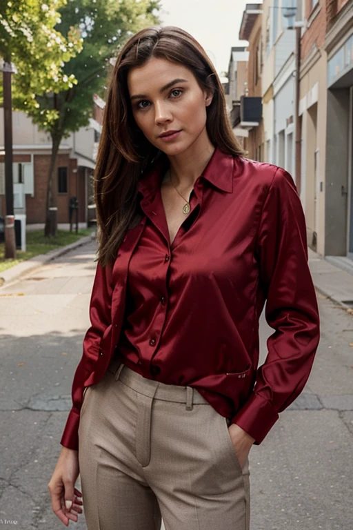 Scene Animation Pixar, the woman, 40 years old, wearing casual slacks, a red silk blouse, and a casual blazer, on a street in a small town, posing for a photograph, her straight brown hair, shining beautifully in the sunlight, the freshness of your youthfulness represented in a perfect image, with perfect fine lines of body and facial features, perfect realism with high definition and high notable details,
