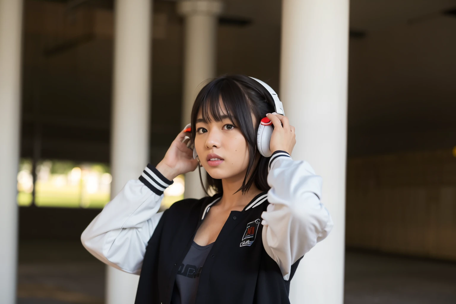 There a woman standing with headphones on, Girl wearing headphones, with headphone, with headphone, with headphones on, Shot with Canon eos 5d mark IV, Wearing modern headphones, Shot with Canon EOS 5D, Shot with a Canon EOS R5, Shot with Canon eos r 5, Shot with Canon 80D, Wearing a gaming headset, High-quality portraits