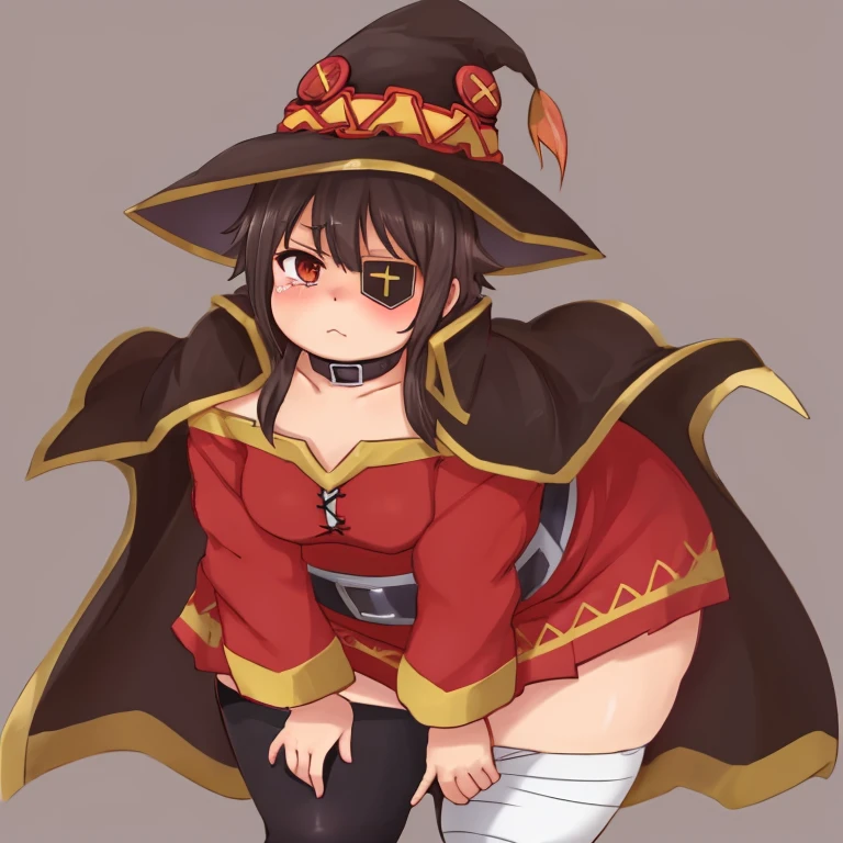 lolibomber, obese body,  megu_outfit_shirt, megu_outfit_cape, megu_outfit_hat, megu_outfit_eyepatch, obese 1girl, small chest, fat belly, big butt, fat arms, bandages, belt, black legwear, blush, collar, looking at viewer, red eyes, short hair with long locks, single thighhigh, solo, thighhighs, simple background, skirt pull, pulling skirt down, holding skirt, tear, leaning forward, leaning towards camera, bent over