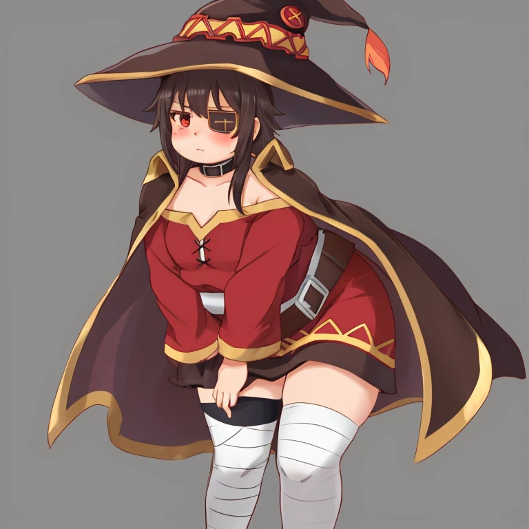 bomber, obese body, megu_outfit_shirt, megu_outfit_cape, megu_outfit_hat, megu_outfit_eyepatch, obese 1girl, small chest, fat belly, big butt, fat arms, bandages, belt, black legwear, blush, collar, looking at viewer, red eyes, short hair with long locks, single thighhigh, solo, thighhighs, simple background, skirt pull, pulling skirt down, holding skirt, tear, leaning forward, leaning towards camera, bent over