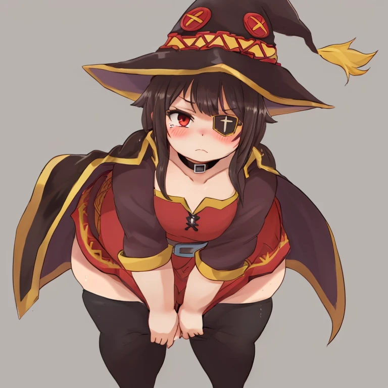 lolibomber, obese body,  megu_outfit_shirt, megu_outfit_cape, megu_outfit_hat, megu_outfit_eyepatch, obese 1girl, small chest, fat belly, big butt, fat arms, bandages, belt, black legwear, blush, collar, looking at viewer, red eyes, short hair with long locks, single thighhigh, solo, thighhighs, simple background, skirt pull, pulling skirt down, holding skirt, tear, leaning forward, leaning towards camera, bent over