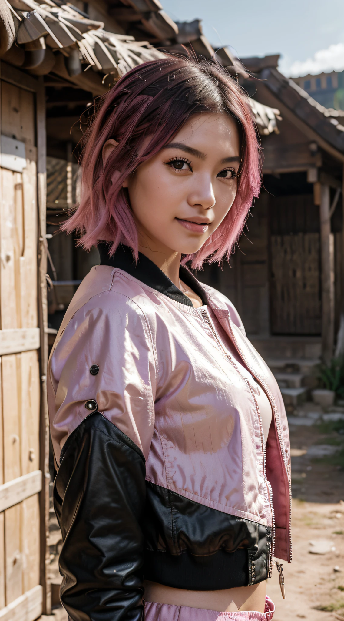 plano detalle, 20-year-old, sonrisa leve, Asian girl, asian factions, French Bob Style Hair, dyed pink hair, pink hair, ojos verdes, Looking at the camera, Retrato fotorrealista, enorme detalle, piel texturizada, piel detallada, chaqueta bomber, falda corta, estilo kpop, cara ultradetallada, en un pueblo rural, on mountain, bosque soleado, fondo detallado, detalle en toda la imagen, estilo de imagen hiperrealista, posando, profesional photography, tomada con Canon EOS 5D,