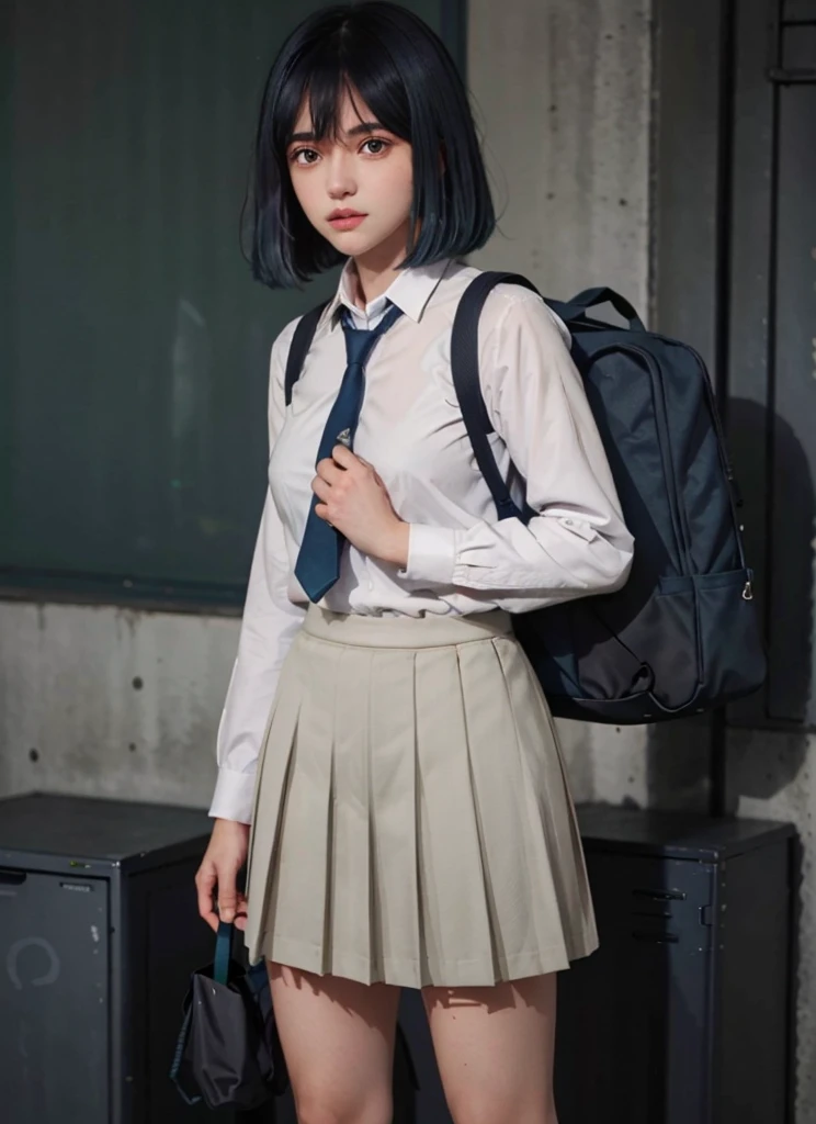 akanekurokawa, 1girl, blue hair, green eyes, bangs, school uniform, short hair, skirt, socks, sneakers, shoes, white footwear, black socks, pleated skirt, kneehighs, white shirt, blue necktie, long sleeves, vest, collared shirt, outdoor, city, ,(upper body), standing