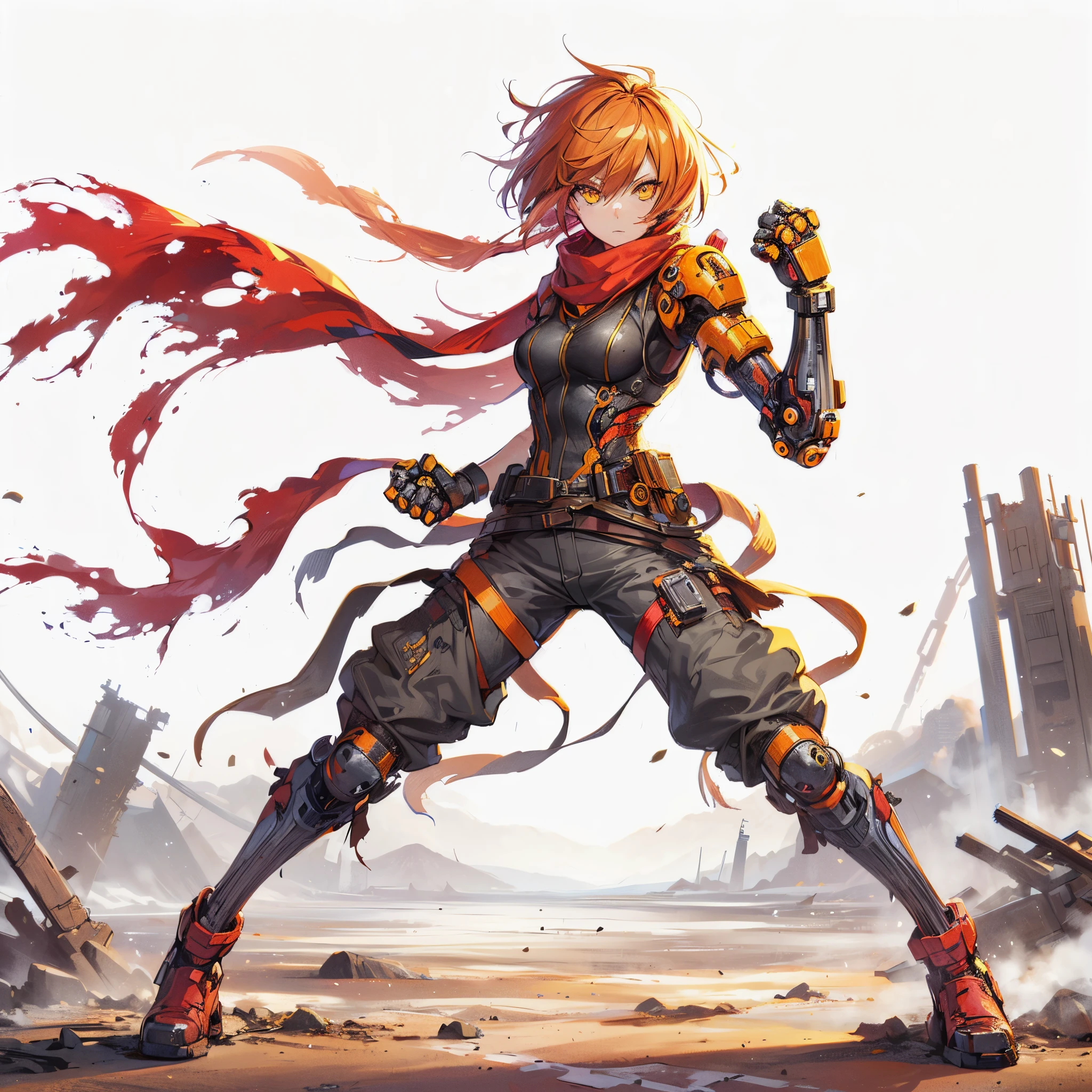 (masutepiece, Best Quality), ultra-detailliert, Anime style, Full body, Solo, Cyberpunk Karate Girl, Hero costume and torn red scarf, orange hair and yellow eyes, Fighting Pose, high-tech gauntlets and boots, Standing in the wasteland, Digital Painting, 8K High Resolution, Art Station Trend, White background, Whole body,