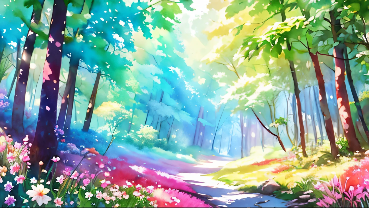 rainbows_nffsw_nffsw, No humans,
beautiful and magical forest, full of various flowers, multiple different animals and birds, Watercolor style, Canon EOS 5D, Soft lighting, in woods