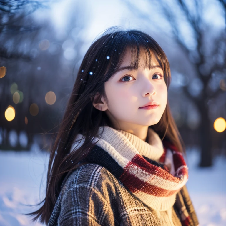 An ultra-high picture quality、Perfect Photo、japanes、japanese beauty girl、14years、((((profile))))、(((closing eye)))、Slender eyes、Winter clothes、Christmas Lights、A dark-haired、Layer Hair、look up sky、