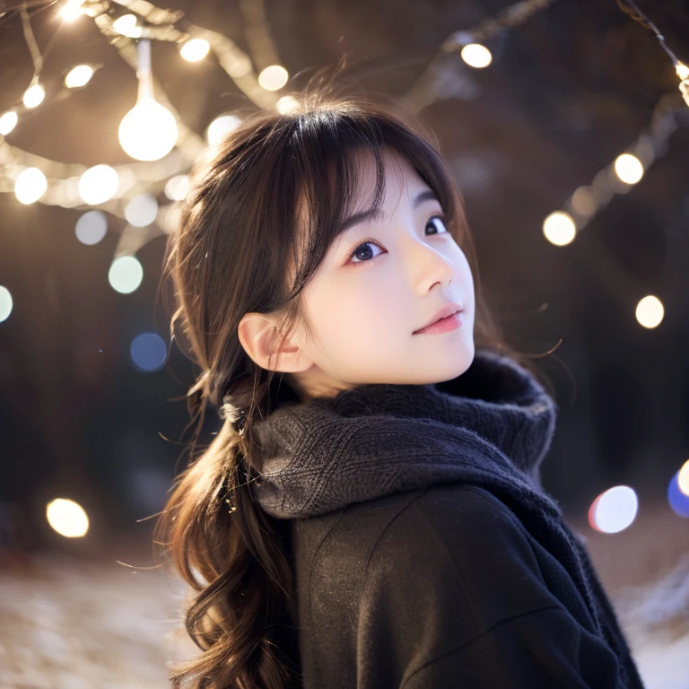 An ultra-high picture quality、Perfect Photo、japanes、japanese beauty girl、14years、((((profile))))、(((closing eye)))、Slender eyes、Winter clothes、Christmas Lights、A dark-haired、Layer Hair、look up sky、