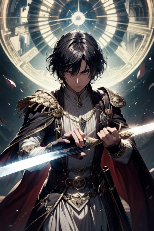 Masterpiece Super Detail High Definition High Quality 8K Line Art Beautiful Male Magic Sword Suspicious Shine Black Aura