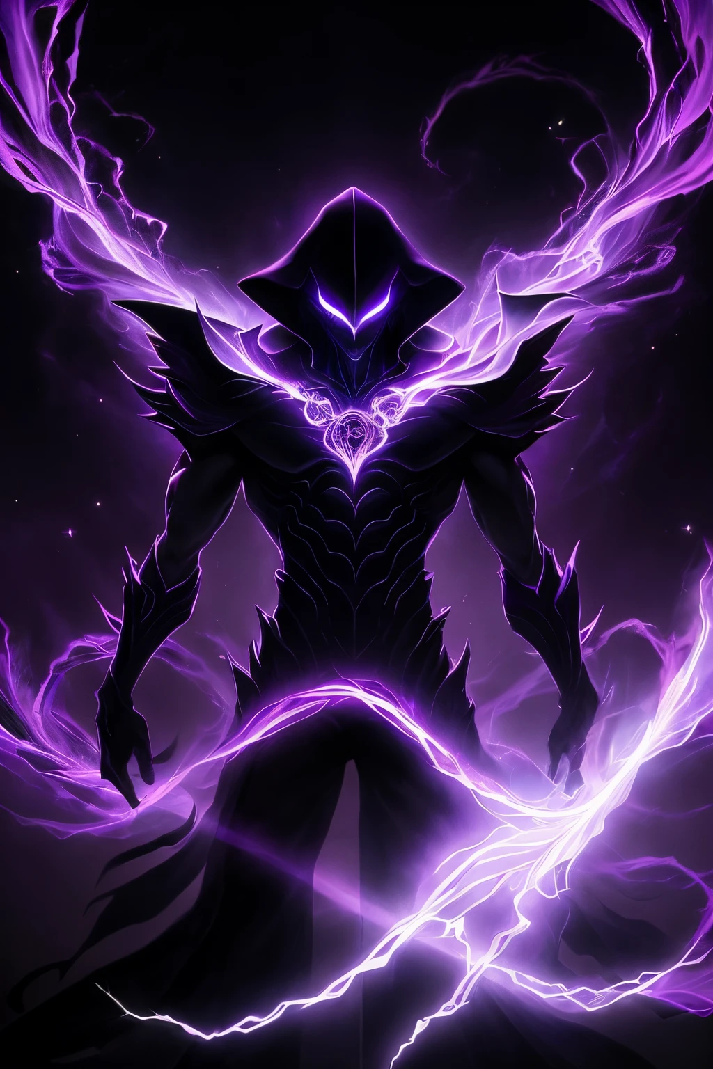 Create hyper-verbose, Best quality, A high-resolution masterpiece,Depicts a shadowy elemental and a non-humanoid figure emanating purple energy" perfect shadow, Highqualityshadow, realistically,