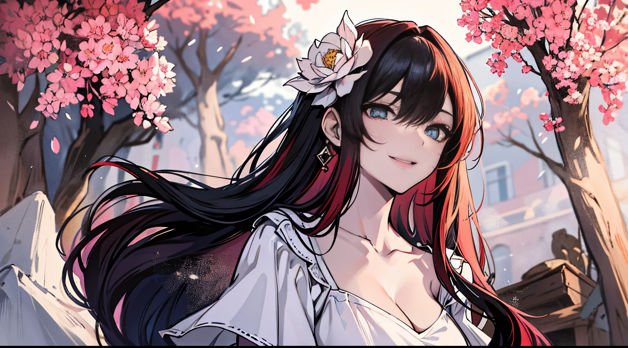 ((tmasterpiece:1.4, Best quality))+, (hyper-detailing)+, (Delicate green eyes:1.5)+, (Detailed ears:1.5), (conservative full body gown:1.5), Tight white silk, no headwear, (Black flowers:1.2), pale-skinned, (red cloth:1.5), (Princess dress:1.4), ancient temple in the mountains, censer, The temple was filled with smoke, Big tree in the yard, falling leaf, (Black bandana:1.1), (dawn light:1.2), (A princess:1.5 ), (closeup cleavage:1.1), the only person, Best quality, A high resolution, high detal, high high quality, half closed eye, gold eyes, Heterochromia,dark red colored hair, Gradient hair, bluntbangs, expressive hair, long braid, Angry, ssmile, from below, in a panoramic view, 16k
