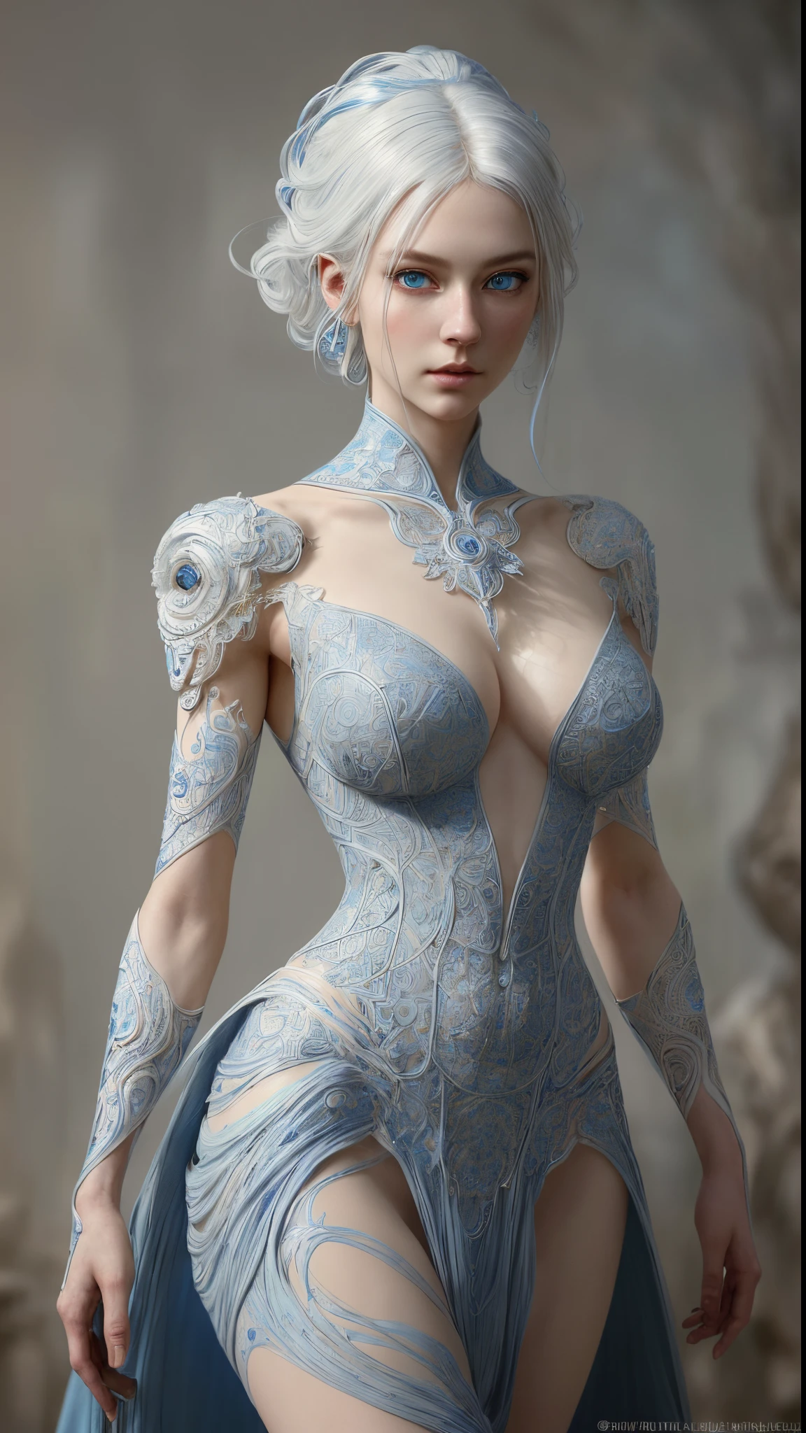 8k full body shot of beautiful 20 year old thin woman with white hair, intricate, beautifull face, elegant, highly detailed, majestic, digital photography, art by artgerm and ruan jia and greg rutkowski surreal photography filigree, (masterpiece, sidelighting, finely detailed beautiful blue eyes: 1.2), hdr,