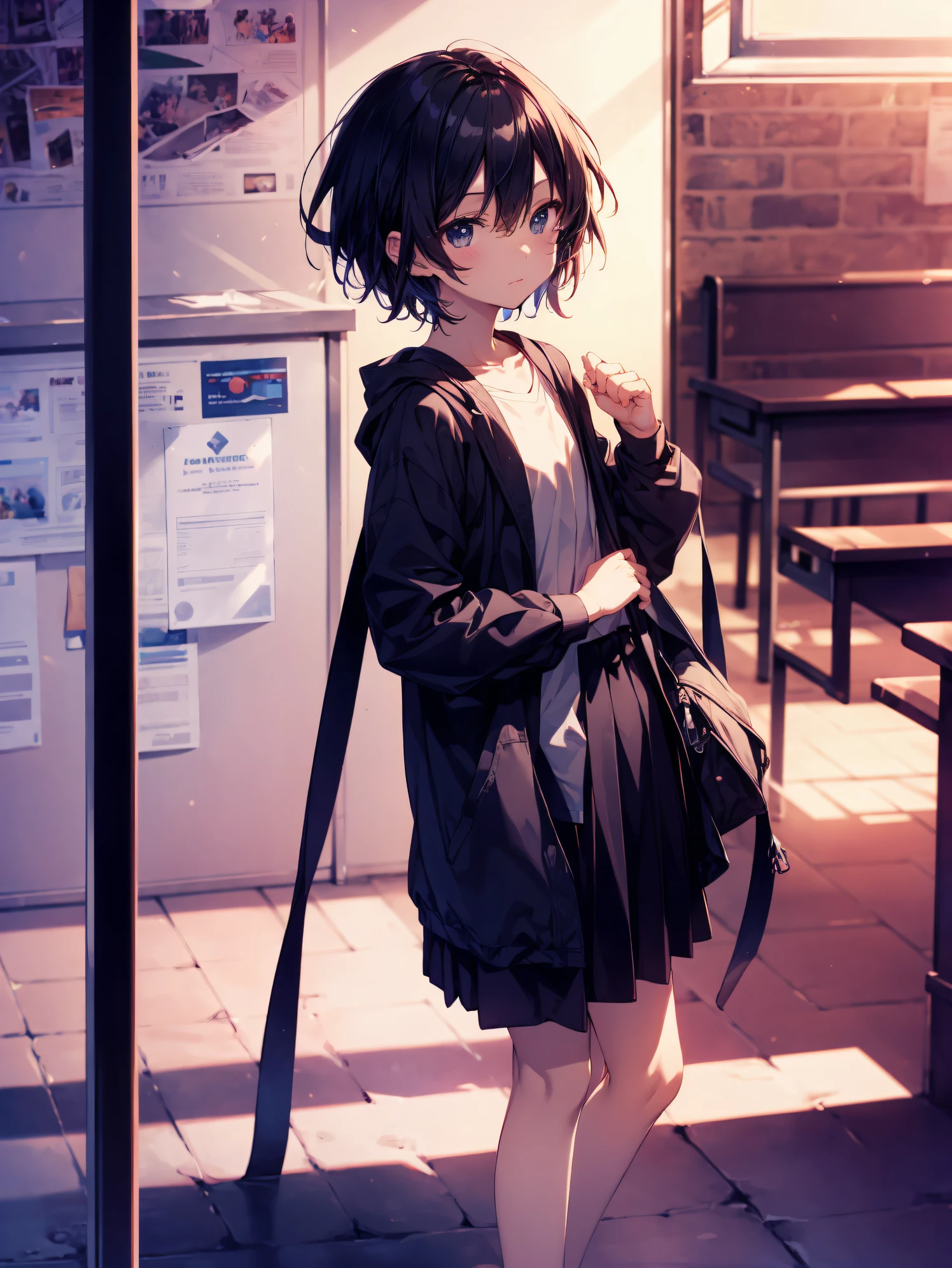 Top quality by creator God, Ultra-detailed, anime moe art style,Best Anime 8K Konachan Wallpapers,Pixiv Contest Winner,Perfect Anatomy, BREAK,(Draw a girl sleepily walking to school. ),BREAK, 1girl is a cool beautiful girl, (Solo,Lori,child,13years:1.3),a junior high school student, Androgynous attraction, (Center part very short hair), hair messy,Forehead, Full limbs, complete fingers,flat chest, Small butt, groin, Small eyes,Beautiful detailed black eyes,Well-proportioned iris and pupils,disgusted eye, School uniform, Skirt,On the way to school. BREAK,High resolution,super detailed skin, Best lighting by professional AI, 8K, Illustration,