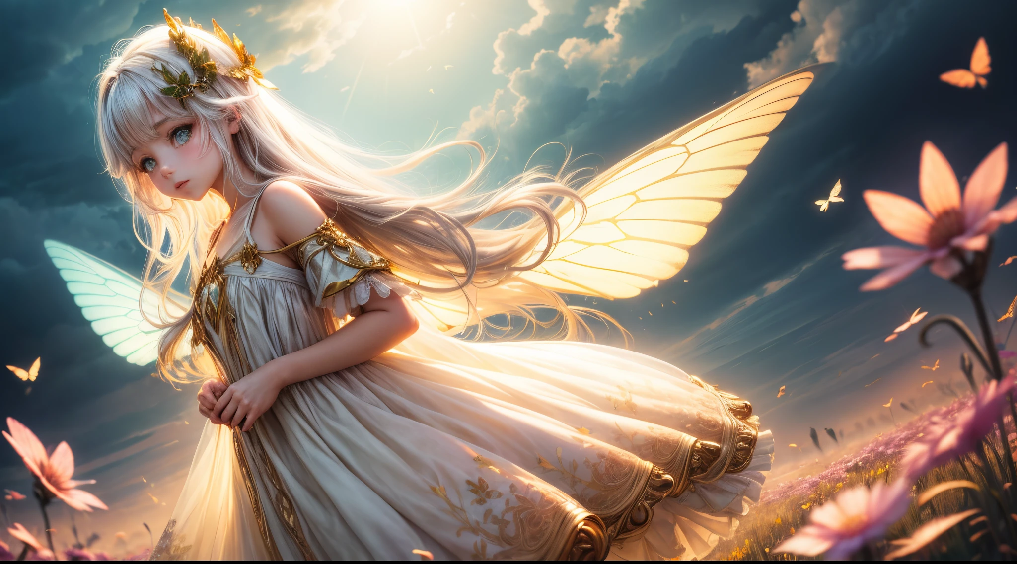 "((Innocent)) girl, golden hour, dreamy meadow, ethereal, whimsical, flowing dress, soft sunlight, enchanting, butterfly wings, (pastel clouds), liquid reflections