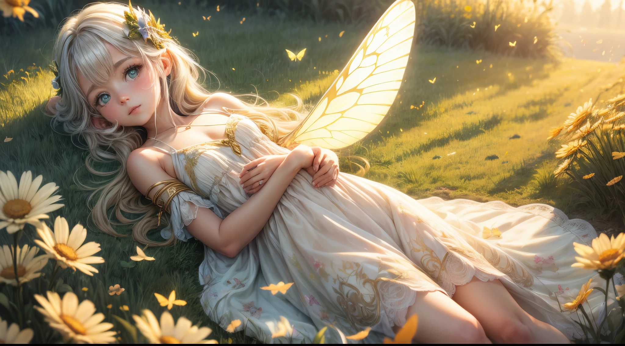 "((Innocent)) girl, golden hour, dreamy meadow, ethereal, whimsical, flowing dress, soft sunlight, enchanting, butterfly wings, (pastel clouds), liquid reflections