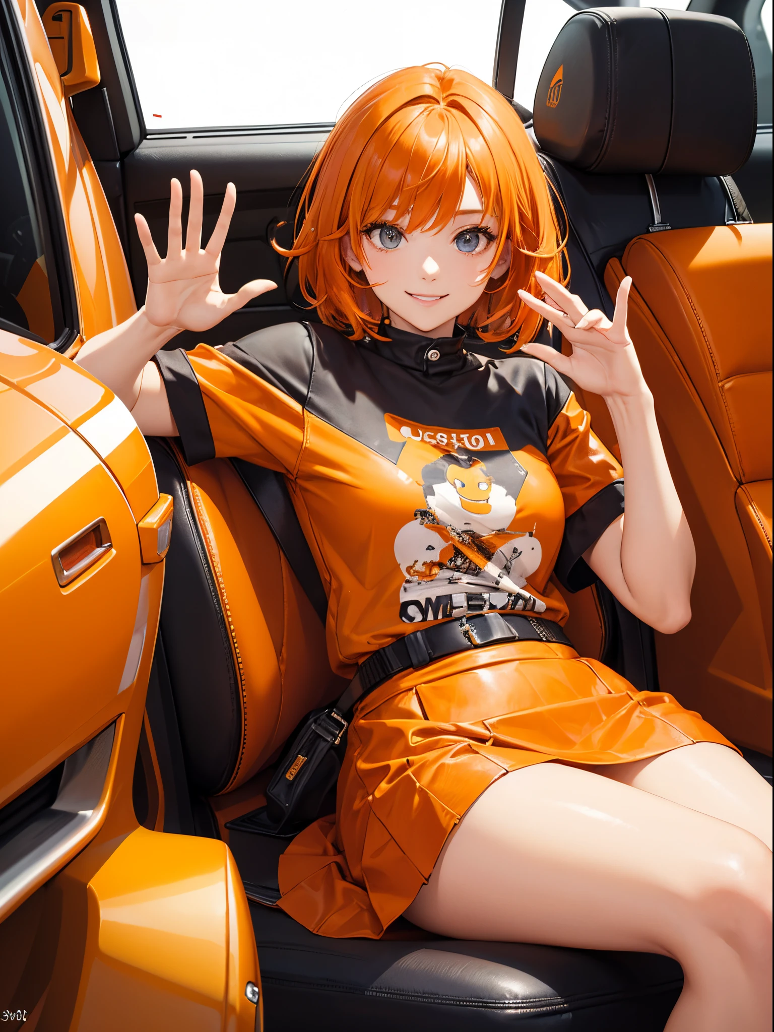 master piece,best quality, Solo lady,26 year old, beautiful eyes,cute, sitting, orange leather jacket,detailed clothing, T-shirt, orange color tight skirt, shy smile, orange hair, short hair, flipped hair, waving in a strong wind hair, driving a orange sports car