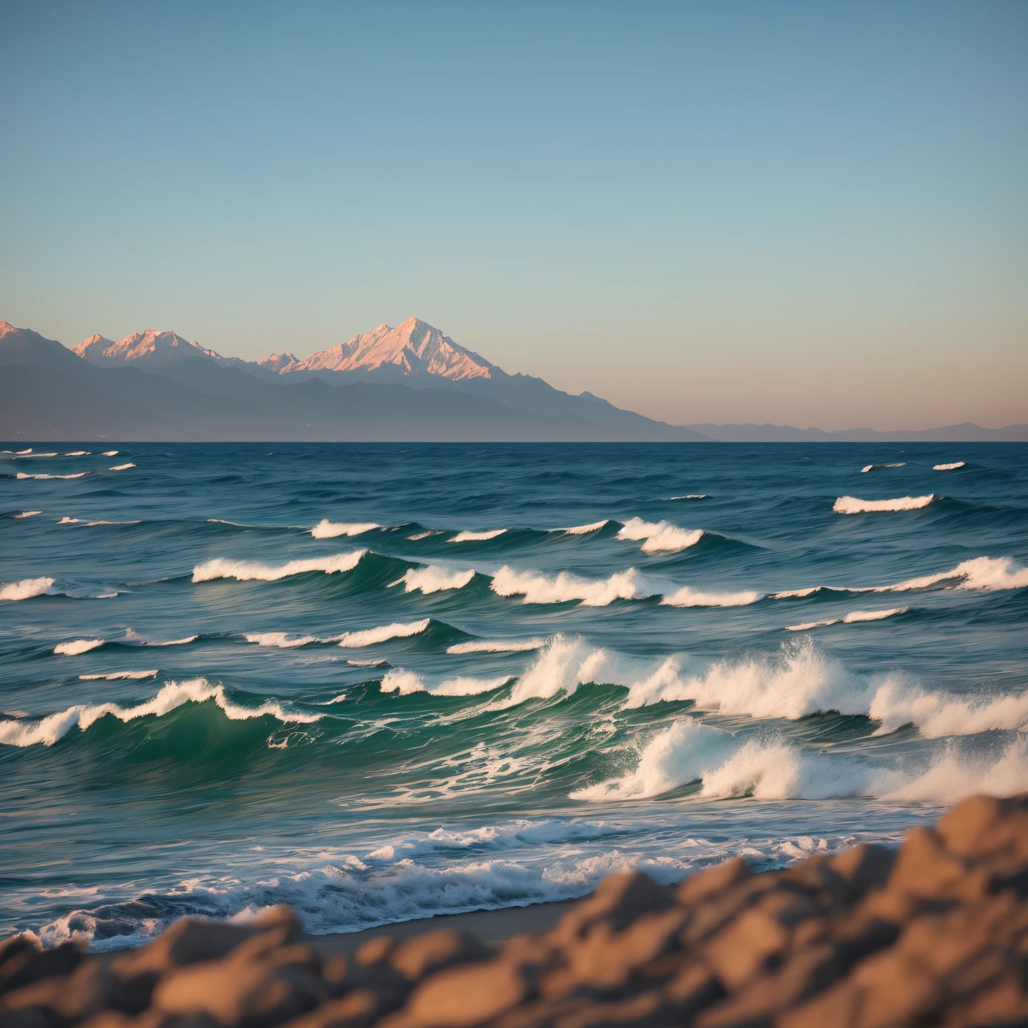 Image of a tranquil coastline with mountain views. Clear sunny day with blue sky without clouds. The sea, smoothly washing the shore, as well as waves, whispering their stories. High Mountains, Their peaks, touching clear skies. Convey the beauty of nature's harmony through studio photography. Canon 5D for creating RAW images with VR support and ProPhoto RGB resolution. Global brightness with ray tracing, similar to Aivazovsky's style. The camera to take the image must be a Sony Alpha ILCE-7M4. --auto --s2