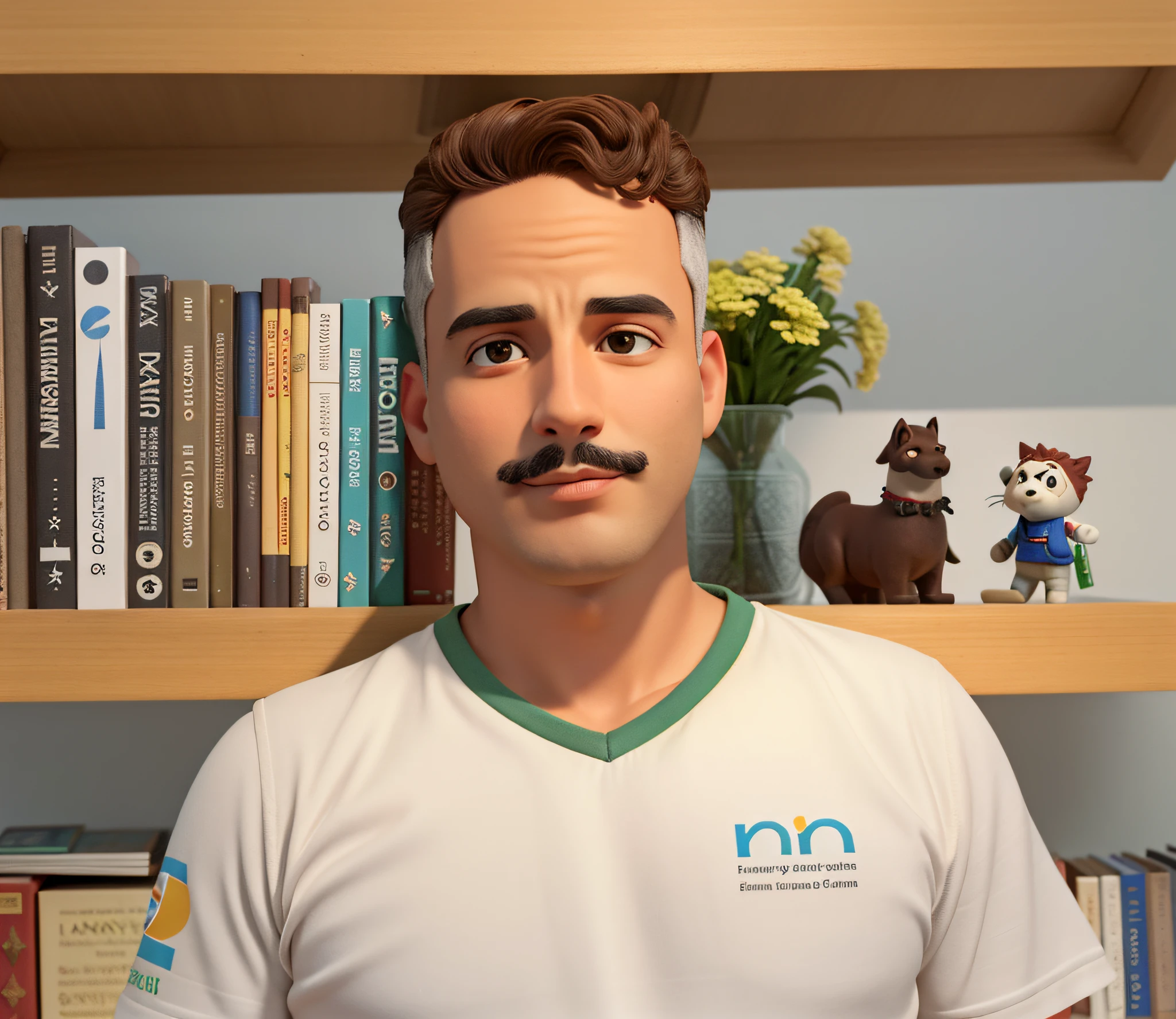 Um Homem parado na frente, illuminated by the light of a lamp, contra o pano de fundo de uma biblioteca
