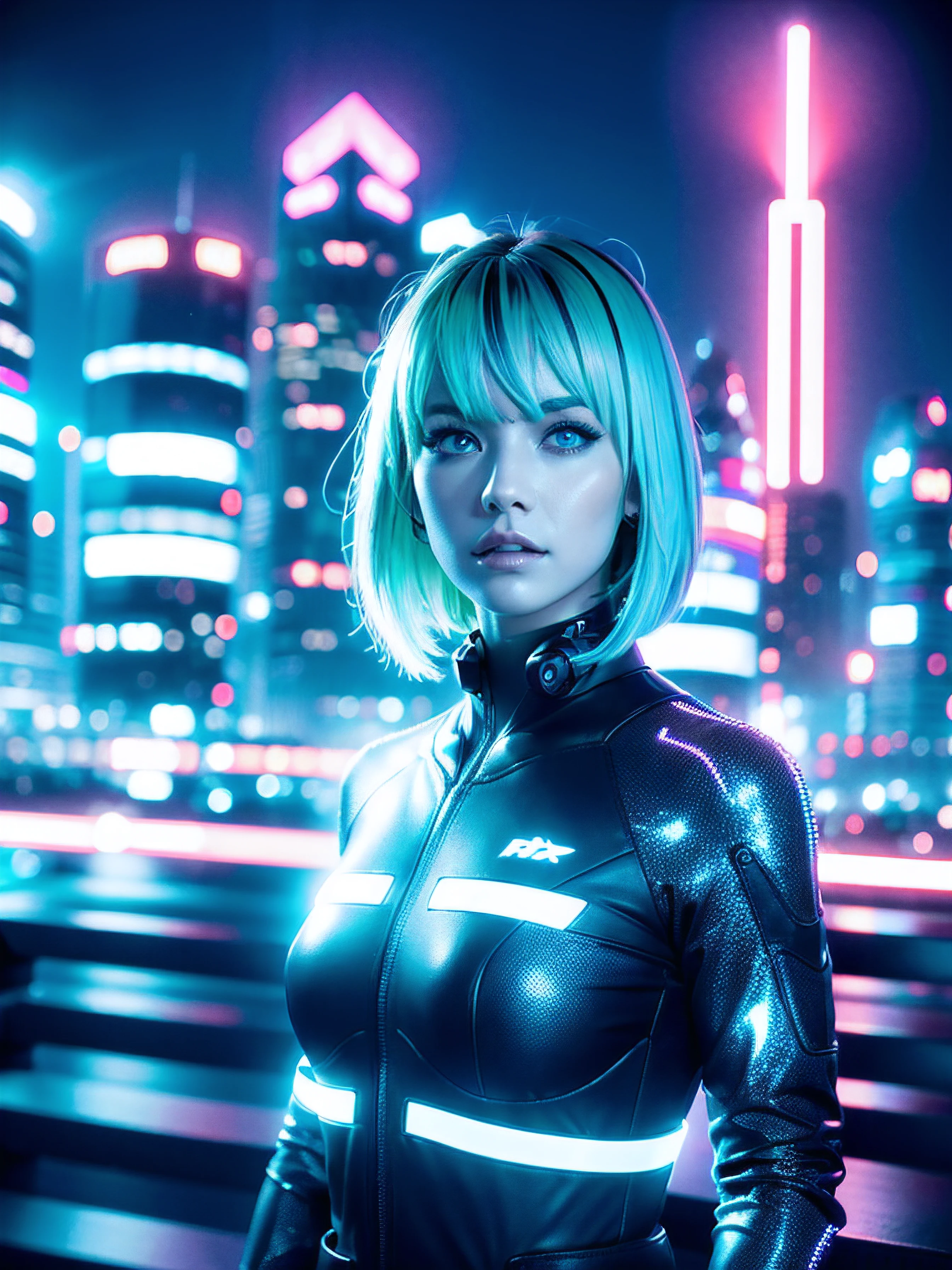 Create highly realistic portraits for your NFT digital art collection. This illustration is、It depicts a female character belonging to a futuristic cyberpunk world.。. Bright neon colored hair and clear blue skin。, Her eyes emit a powerful digital light. The background features a digitized city skyline, And around her, You can see the flow of light and data, intertwined with her presence. A work that embodies the futuristic beauty and mystery of the digital world..