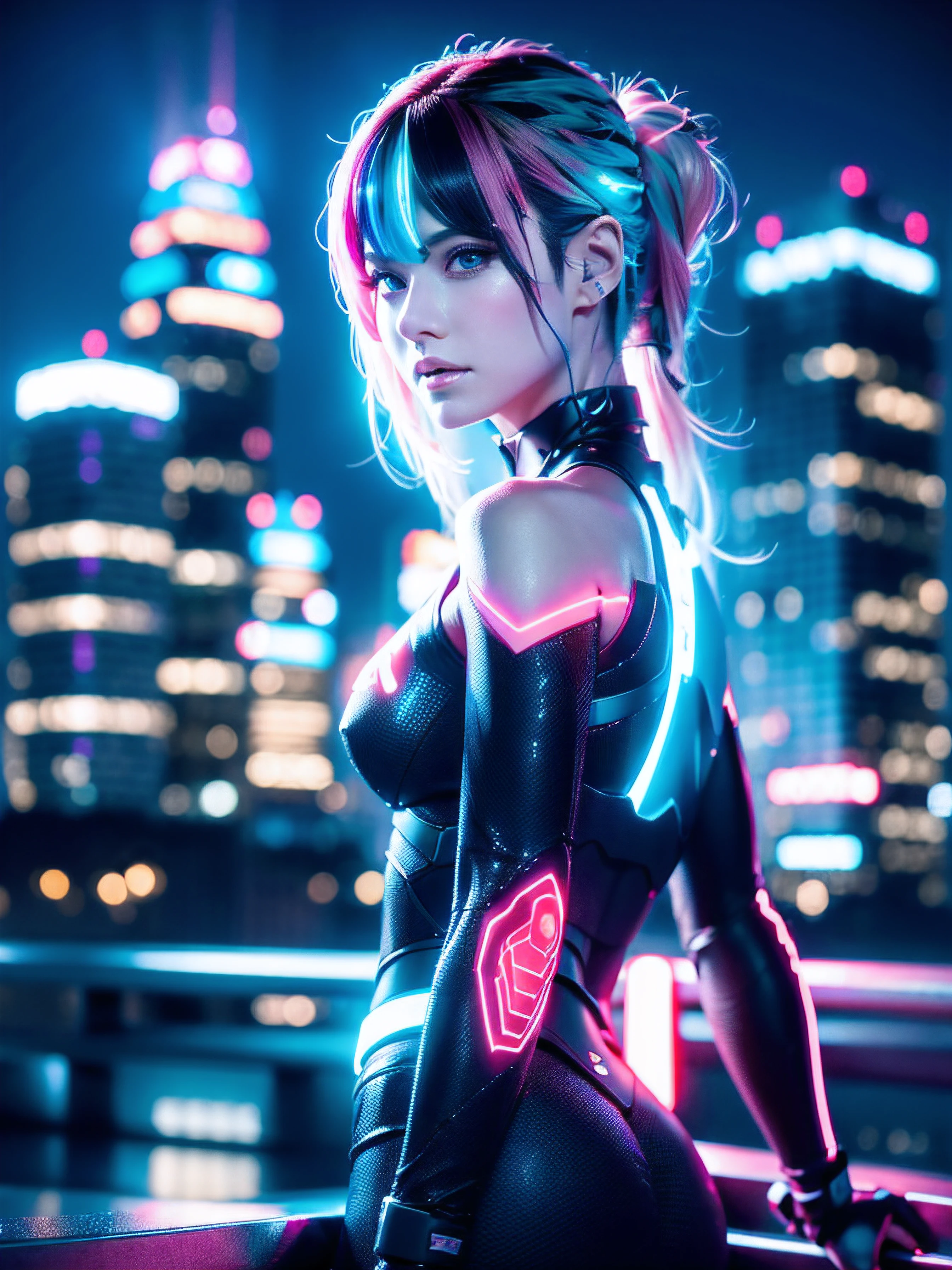 Create highly realistic portraits for your NFT digital art collection. This illustration is、It depicts a female character belonging to a futuristic cyberpunk world.。. Bright neon colored hair and clear blue skin。, Her eyes emit a powerful digital light. The background features a digitized city skyline, And around her, You can see the flow of light and data, intertwined with her presence. A work that embodies the futuristic beauty and mystery of the digital world..