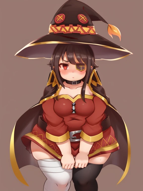 bomber, obese body, megu_outfit_shirt, megu_outfit_cape, megu_outfit_hat, megu_outfit_eyepatch, obese 1girl, small chest, fat belly, big butt, fat arms, bandages, belt, black legwear, blush, collar, looking at viewer, red eyes, short hair with long locks, single thighhigh, solo, thighhighs, simple background, skirt pull, pulling skirt down, leaning forward, leaning towards camera, bent over