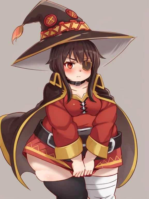 lolibomber, obese body, megu_outfit_shirt, megu_outfit_cape, megu_outfit_hat, megu_outfit_eyepatch, obese 1girl, small chest, fat belly, big butt, fat arms, bandages, belt, black legwear, blush, collar, looking at viewer, red eyes, short hair with long locks, single thighhigh, solo, thighhighs, simple background, skirt pull, pulling skirt down, leaning forward, leaning towards camera, bent over