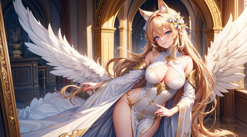 (masterpiece, best)), (1girl), (mature woman), Gold hair, open-chest seduction, flared, ( kemonomimi Angel with big wings lady), bangs, medium breasts, (full), slim, smile, [wide hips], standing, 8K picture quality, sexy seduction, (open-chest) (Sharp focus: 1.5), (sharp focus:1.2), (beautiful face:1.1), (eye makeup:1.2), (tight body:1.2), (flowery dress:1.2) (heaven gates:1.2). (morning sun lighting:1.2), ((Masterpiece)), (highest quality))), (Character design sheet, national costume, same character, front, side, back), (simple background, white background: 1.3) ( Masterpiece:1.2), (Best Quality:1.3) (best quality:1.1) realistic:1.37 long, flowing:1.1 luscious, plump:1.1 sparkling sequins:1.1 subtle, White Gold:0.9 soft, warm:1.1 best quality,4k,8k,highres,masterpiece:1.2, realistic,photorealistic,photo-realistic:1.37, ultra-detailed:1.1 busty animal ears, beautiful, detailed ears:1.1 best quality, 4k, highres, masterpiece:1.2 detailed, piercing eyes:1.1 4k, 8k, highres, masterpiece:1.2 very three-dimensional: 1.2 (8k, best quality, masterpiece:1.2 ((masterpiece, best))