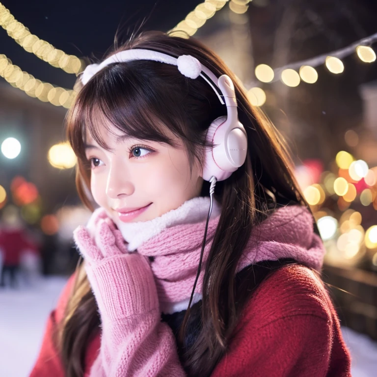 An ultra-high picture quality、Perfect Photo、japanes、japanese beauty girl、14years、((((profile))))、(((closing eye)))、Slender eyes、Winter clothes、Christmas Lights、pink earmuffs、A dark-haired、Layer Hair、look up sky、