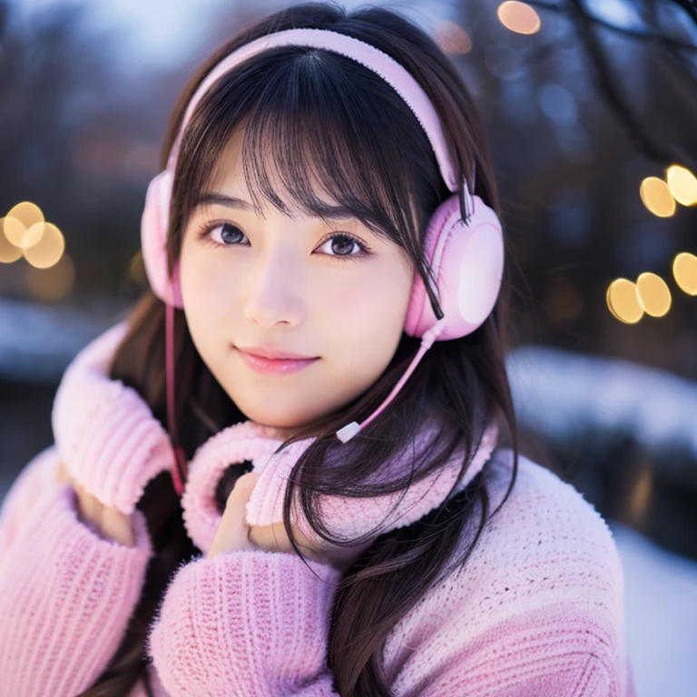 An ultra-high picture quality、Perfect Photo、japanes、japanese beauty girl、14years、((((profile))))、(((closing eye)))、Slender eyes、Winter clothes、Christmas Lights、pink earmuffs、A dark-haired、Layer Hair、look up sky、