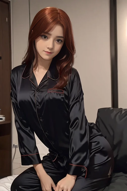 A redhead,girl wearing black silk pajamas