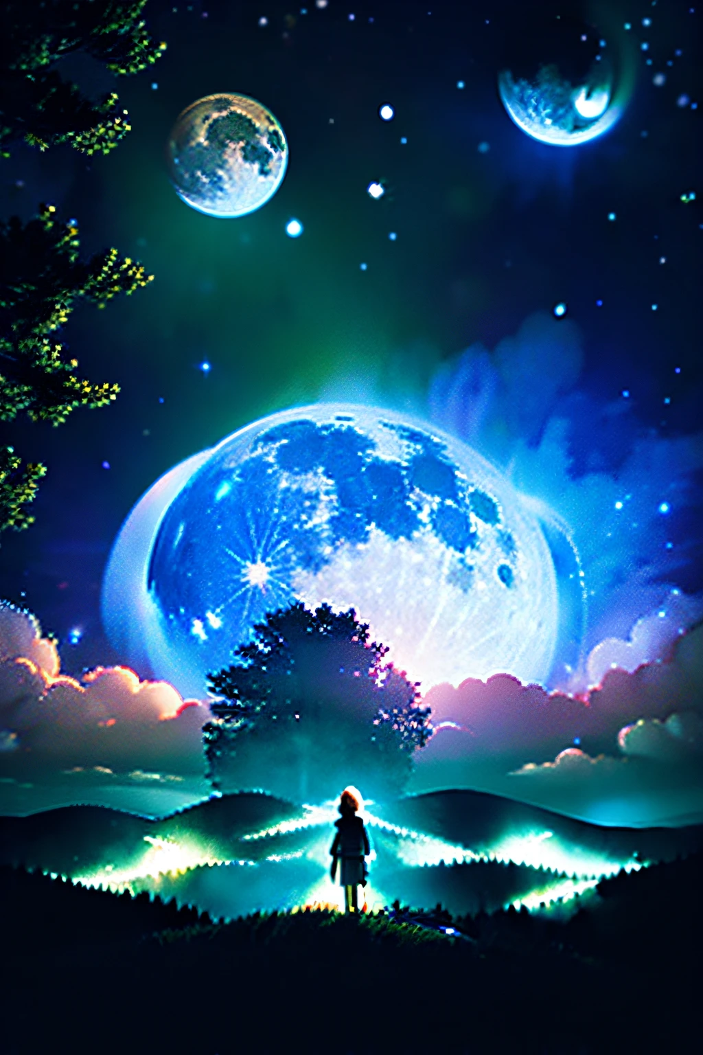 ((ultra-detailliert))、((illustratio))、Beautiful views of the forest above and below ((ultra-detailliert)), ((illustratio)), nebulas, night sky and ((ultra-detailliert)), ((illustratio)), fullmoon, night sky and ((ultra-detailliert)), ((illustratio)), the woods, with trees ((ultra-detailliert)), ((photographrealistic)), Grassy, nobara, rivulets, Eau, 独奏, , Nanakusa, bangss, Black jacket, Black shirt