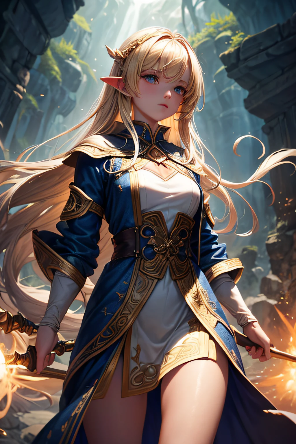 girl, european girl, blonde hair, wind mage, sorceress, wind goddess, streams of wind covering her body, mages dress made of wind, controling all wind around her, makes spirals of wind around her body, wielding a magic staff, ancient cave in background, sexi, small breasts, , highly detailed, vibrant appearance, creative behavior, extremly detailed, imaginative, sensual, spontaneous, highest quality, skin texture, intricate details, (cinematic lighting), RAW photo, 8k, masterpiece,best quality,ultra-detailed,very detailed illustrations,extremely detailed,intricate details,highres,super complex details,extremely detailed 8k cg wallpaper,