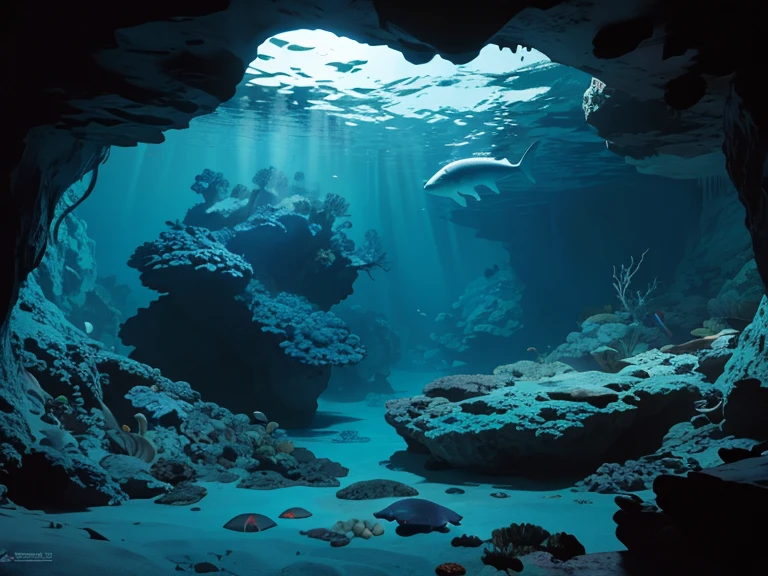 Underwater scenery, wide angle view, ((silhouette)), deep blue mood, cave diving, ((view from sea bottom)), ((back lighting)), fleet of fishes, many rare sea creatures, epic acrylic painting