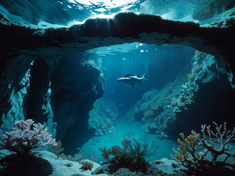 Underwater scenery, wide angle view, ((silhouette)), deep blue mood, cave diving, ((view from sea bottom)), ((back lighting)), fleet of fishes, many rare sea creatures, epic acrylic painting