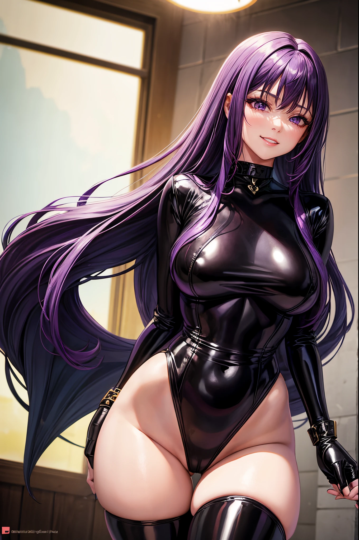 1girl, beautiful face, pretty, purple hair color, long hair, straight hair, hair bang, straight hair bang, purple eyes, mature woman, mommy, big tits, succubus, evil smile, black leotard, latex leotard, black stockings, latex stockings, gold necklace