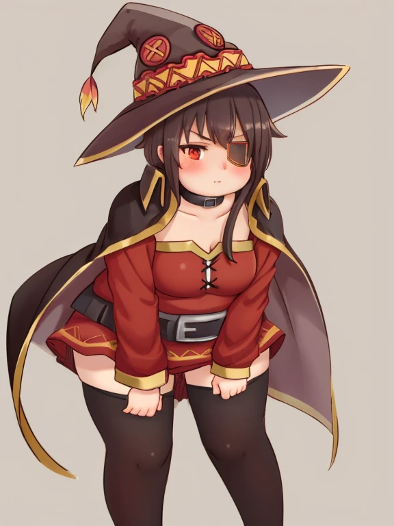 lolibomber, obese body, megu_outfit_shirt, megu_outfit_cape, megu_outfit_hat, megu_outfit_eyepatch, obese 1girl, small chest, fat belly, big butt, fat arms, bandages, belt, black legwear, blush, collar, looking at viewer, red eyes, short hair with long locks, single thighhigh, solo, thighhighs, simple background, skirt pull, pulling skirt down, leaning forward, bent over