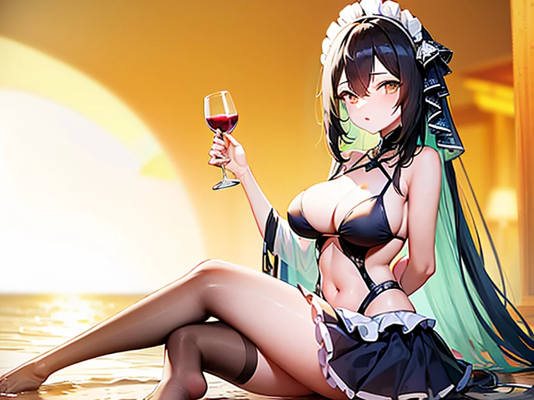 Anime girl sitting on the beach holding a glass of wine, Translucent liquid comes from《Azure route》videogame, cushart krentz (Kushat Krenz) important women in the art world, azur lane style, anime girl in a maid costume, offcial art, Anime cute art style, from girls, best anime 4k konachan wallpapers, she holds a glass of wine, Detailed pubic hair. Girl Front,Revealed，Pubic hair shows through