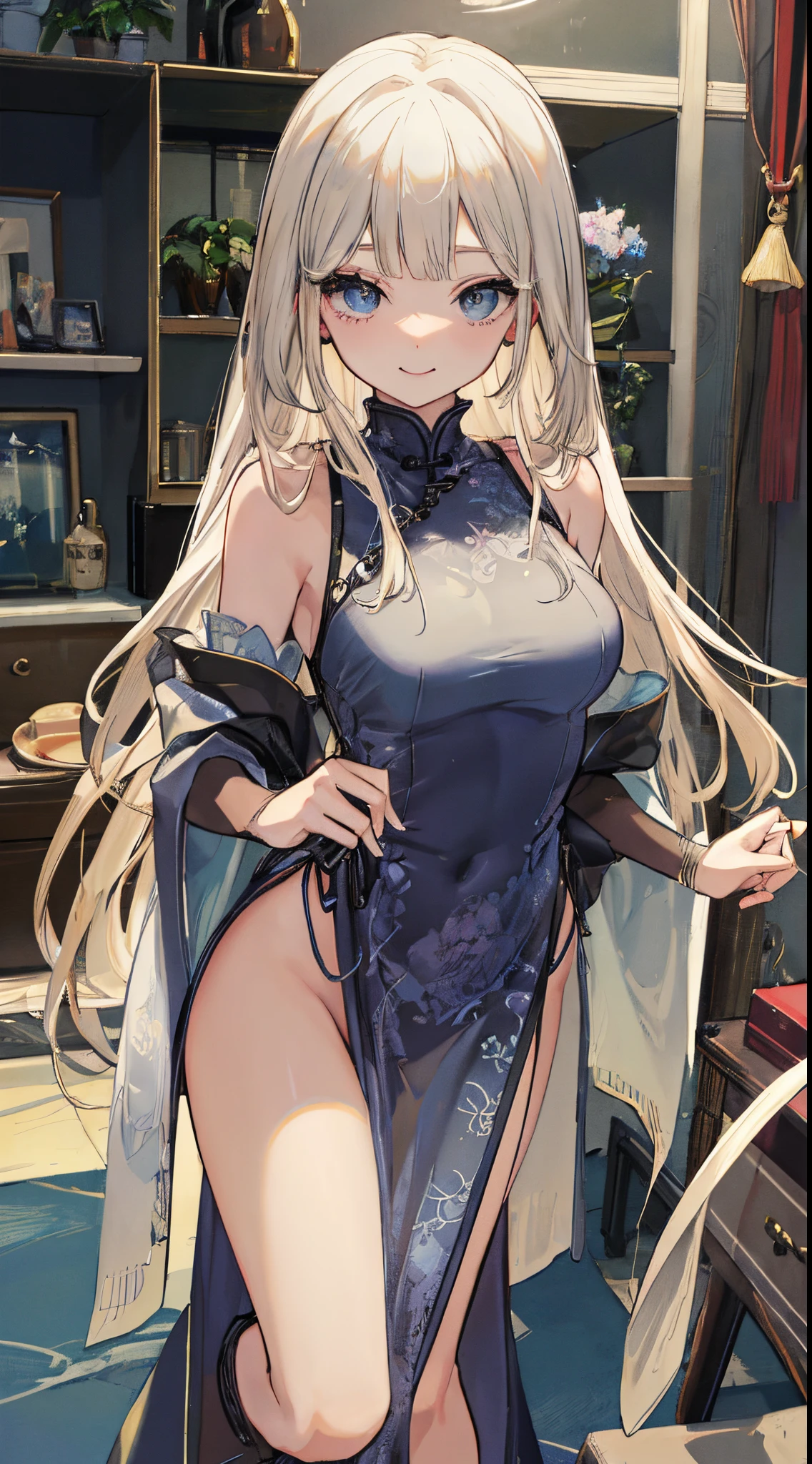 top-quality、realistic touch,high-detail、photoRealstic、long body、thin-waist、captive beauty、big eye、Strong platinum blonde eyelashes、platinum-blond、full body Esbian、Sparkling eyes、Submissive smile、Flushed cheeks、Kamimei、thin-waist、Voluptuous thighs、Enraptured look、Raked bangs、The forehead is protruding、Tight chinese dress、sleeveless、Inside a room、She isn't not wearing panties、wide slit in clothing、 girl、Stand up and seduce me with a sexy pose