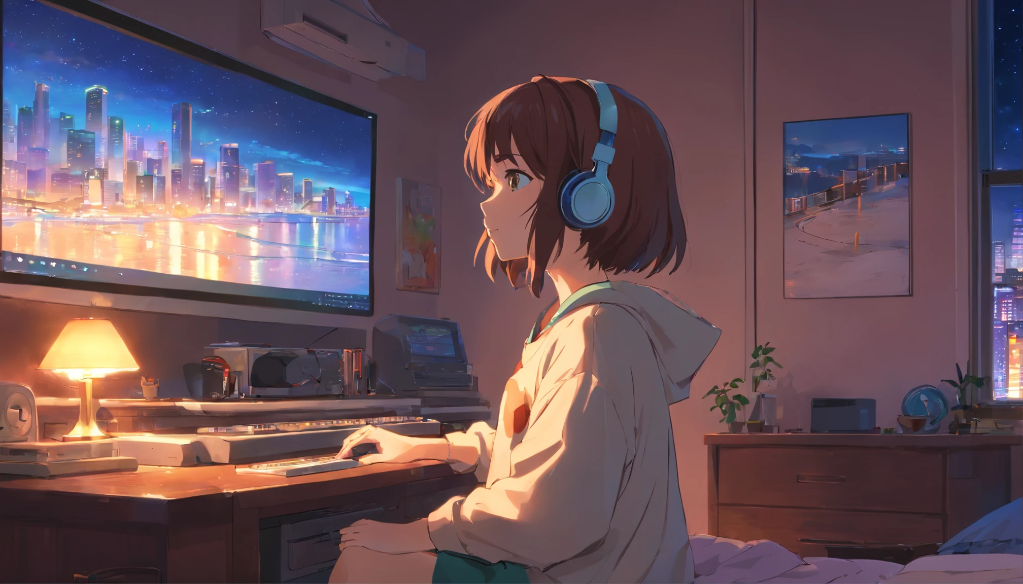 anime girl sitting in front of a computer in a cozy bedroom, girl listening to music in a cozy room at (night), using headphones, in a rooftop, (beautiful night views from windows), lots of stuff, 2D anime style, 90s anime aesthetic, Lo-fi, highly detailed, Hard disk, anime style mixed with fujifilm, hyper realistic, 8k, Masterpiece