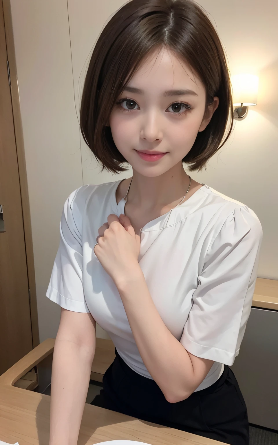 full bodyesbian、Cute 21 years old Japan、Shops、shopping、Super Detail Face、Eye of Detail、二重まぶた、beautiful thin nose、foco nítido:1.2、prety woman:1.4、(light brown hair,short-haired、),fair white skin、top-quality、​masterpiece、超A high resolution、(Photorealsitic:1.4)、Highly detailed and professional lighting smile、cabin attendant