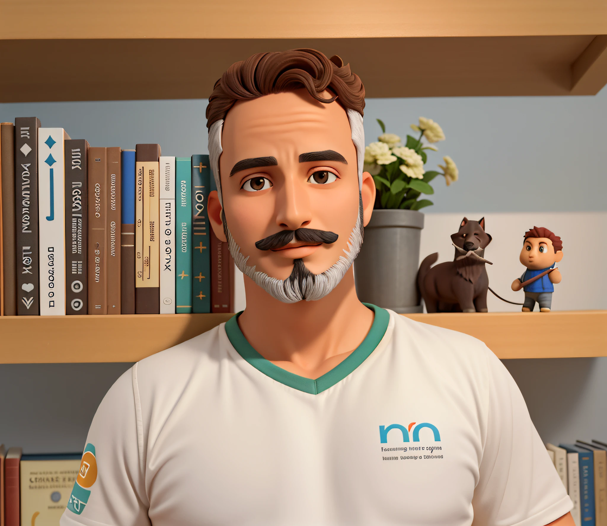 Um Homem parado na frente com barba rala e grisalia, illuminated by the light of a lamp, contra o pano de fundo de uma biblioteca