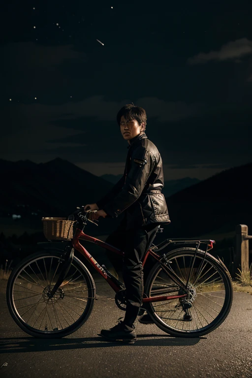 Based on the story provided，Provide me with three AI pictureirst picture：
This image shows a dark mountain scene，Second Master Yang Ming  pushing his two-wheeled bicycle hard to walk。It was getting laars twinkle in the sky。Yang Ming’s second master’s face showed confusion and worry.，Because he realized he was lost。This image conveys loneliness、An atmosphere of restlessness and adventure。