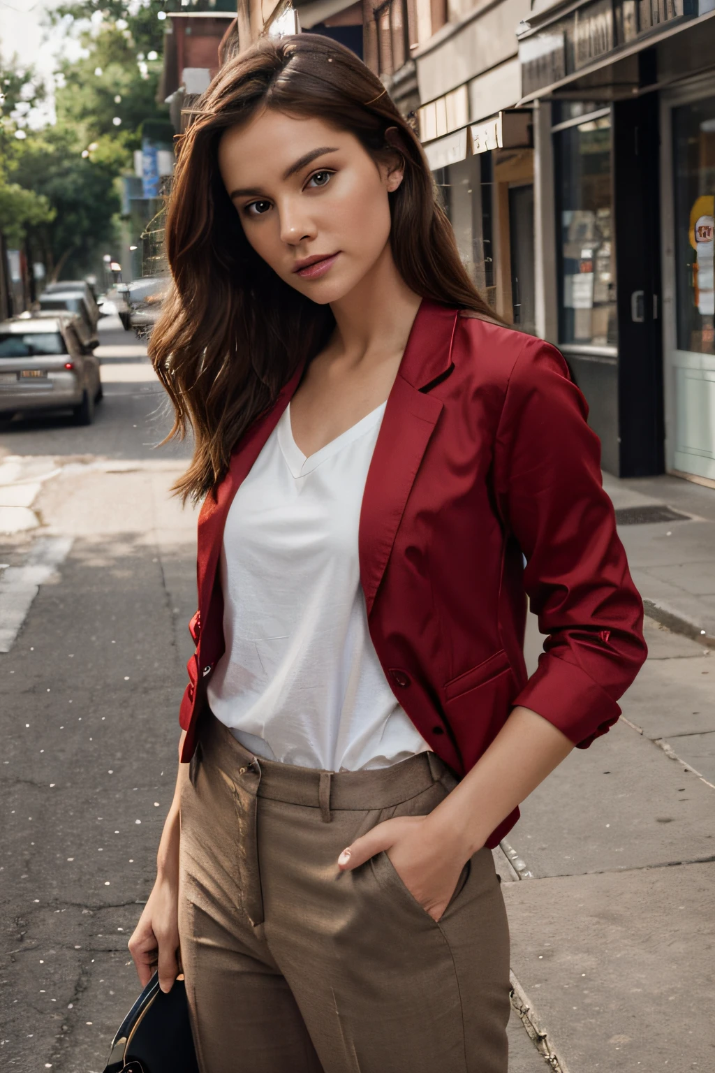 Pixar scene animation, A mulher, 30 anos, wearing casual pants, uma blusa de seda vermelha, e um blazer casual, em uma rua de uma pequena cidade, posar para uma fotografia, seu cabelo castanho liso, brilhando lindamente sob a luz do sol, o frescor da sua juventude representado em uma imagem perfeita, with perfect fine lines of body and facial features, Perfect realism with high definition and remarkable details,