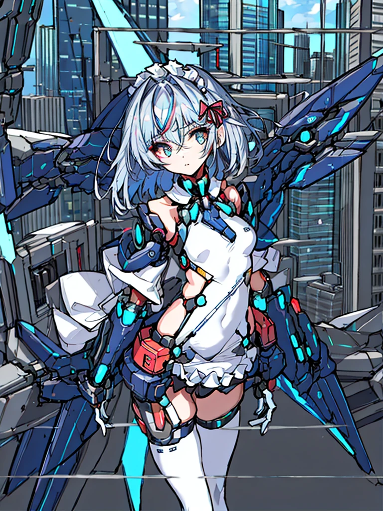 top-quality、ighly detailed、​masterpiece、ultra-detailliert、illustratio、((1girl in))、silber hair、length hair、Floating hair、、Cyber City、Neon building、(The upper part of the body:1.05)、extremely_Detailed_Eyes_And_Face,cybernetic wings mechanical wings、Random posture、Skyscraper、、Mechumusume、shrine maiden clothe,maid clothes、Random angles、anime styled,cowboy  shot