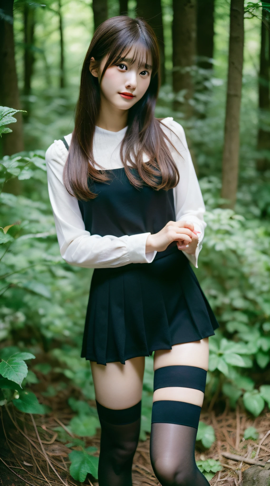 (Best Quality, masutepiece, Ultra HD: 1.3, High brightness, High color saturation), 1girl in, 24 year old,(Beautiful legs:2.0),(Full body figure:2.0),straight haired, Long hair, (hide one's hands:2.0) See-through white blouse, (Black tight skirt:1.5),(Black stockings), (a japanese girl, hposing Gravure Idol), Broad-leaved forest, 135 mm, Fuji Film,