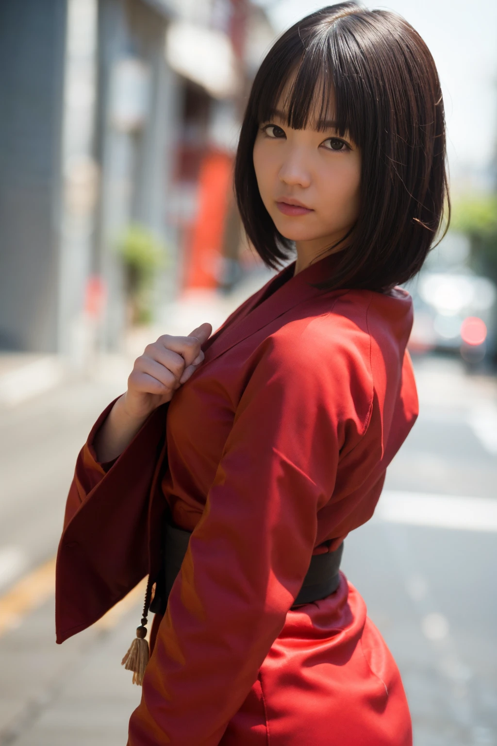 best quality, photorealistic, 8k, high res, 1girl, woman, (professional lighting), (portrait:0.6), (red kimono dress:1.72), gorgeous, black hair, (1girl eyes looking at viewer:1.7), ((looking at viewer:1.6)), photorealistic, (bokeh), (portait:0.6), (dynamic pose:1.2), sfw, (smile:1),