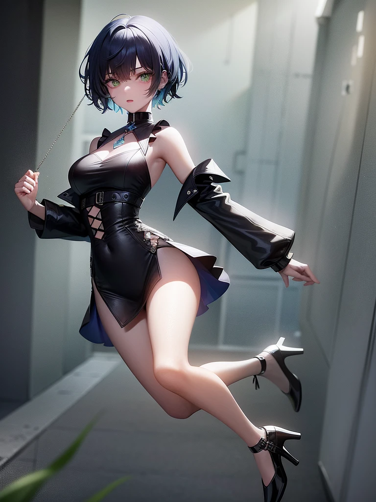 black haired girl,blue eyes,short hair with bangs,Put on a Bunny Girl outfit.,gray background