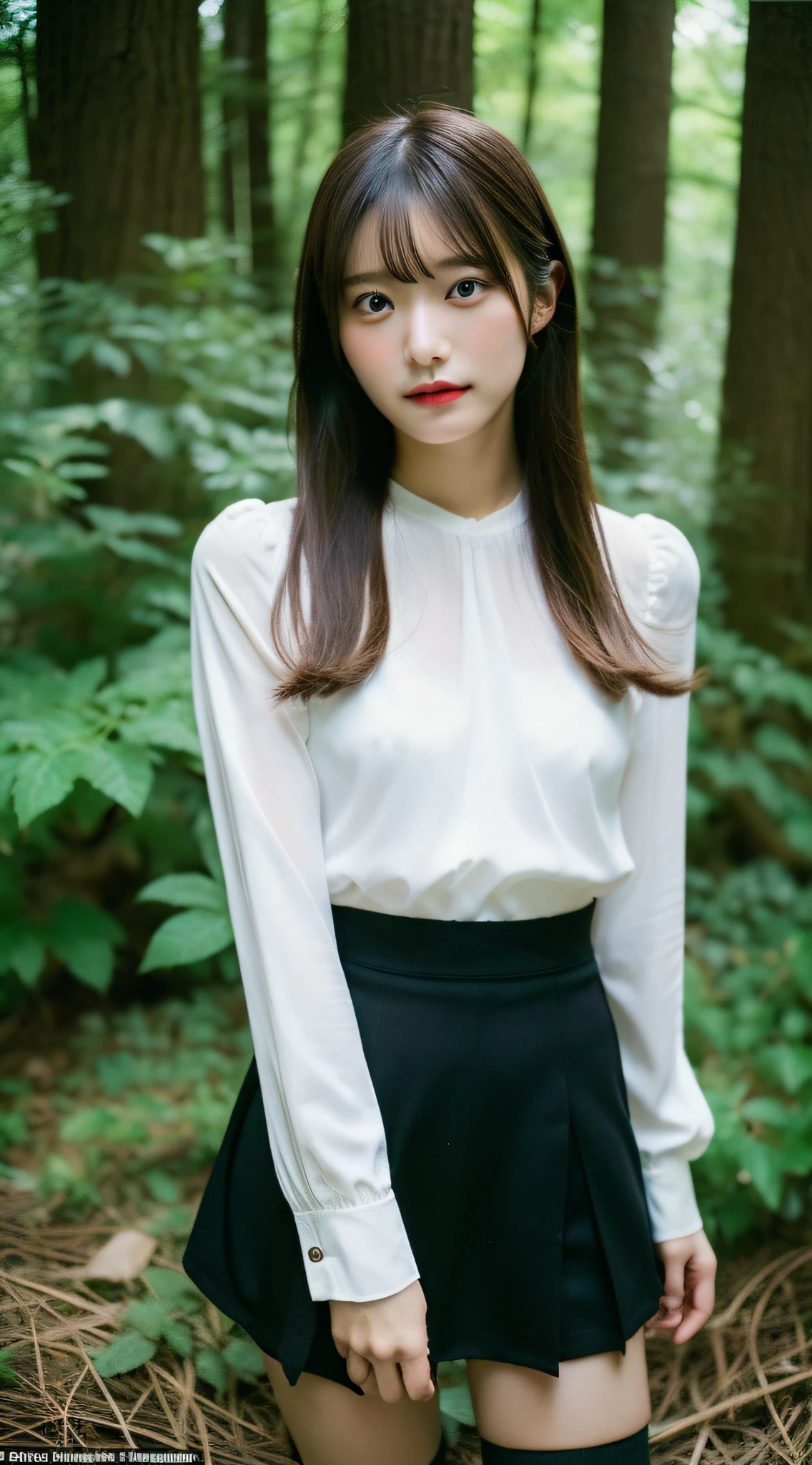 (Best Quality, masutepiece, Ultra HD: 1.3, High brightness, High color saturation), 1girl in, 24 year old,(Beautiful legs:2.0),(Full body figure:2.0),straight haired, Long hair, (hide one's hands:2.0) See-through white blouse, (Black tight skirt:1.5),(Black stockings), (a japanese girl, hposing Gravure Idol), Broad-leaved forest, 135 mm, Fuji Film,