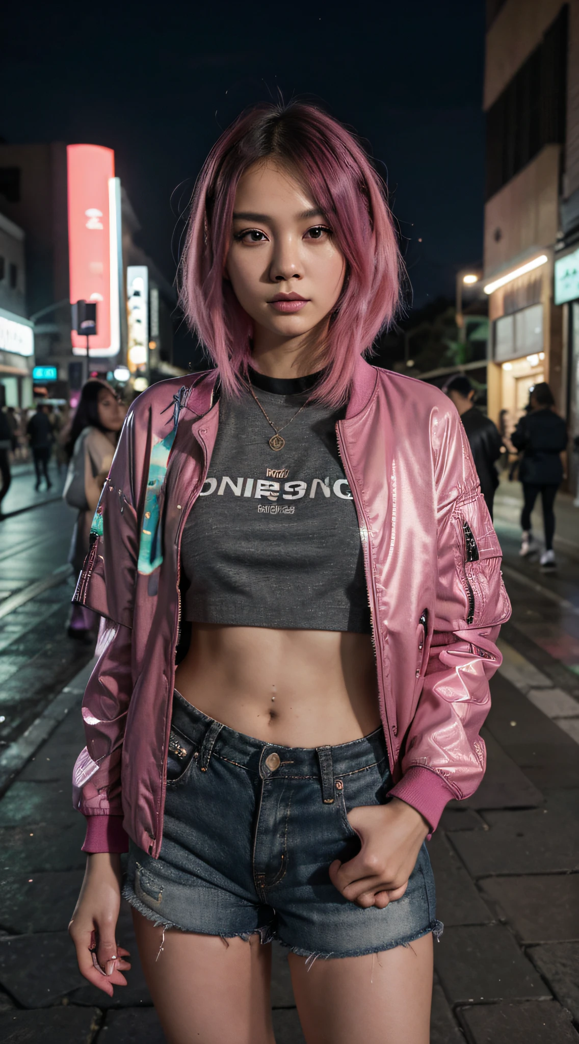 19 year old European girl, anime, wearing metallic chrome puffer jacket on top, wearing pink hoodie underneath, masterpiece, realistic, blushing